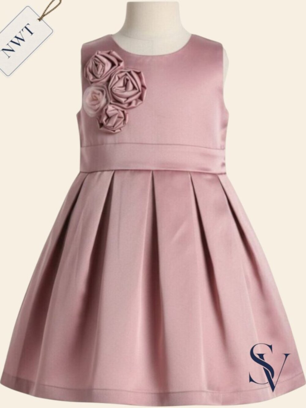 NWT Joe Ella Dusty Rose Pink Satin Rosette Pleated Dress Size 2